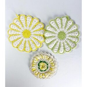 Handmade crochet pot holders trivet doilies Vintage yellow green